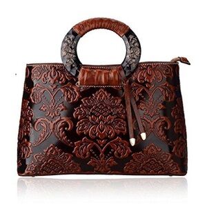 NWOT Pijushi Leather Paisley Handbag Brown Black